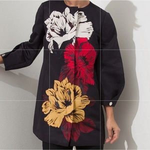 Chico’s size 3 black floral long top hidden front zipper